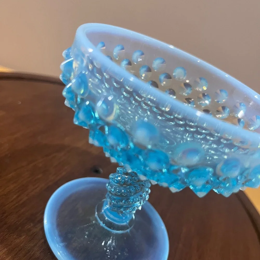 Vtg Fenton‎ Blue Opalescent Hobnail Art Glass Sherbet Goblet MCM Twisted Stem